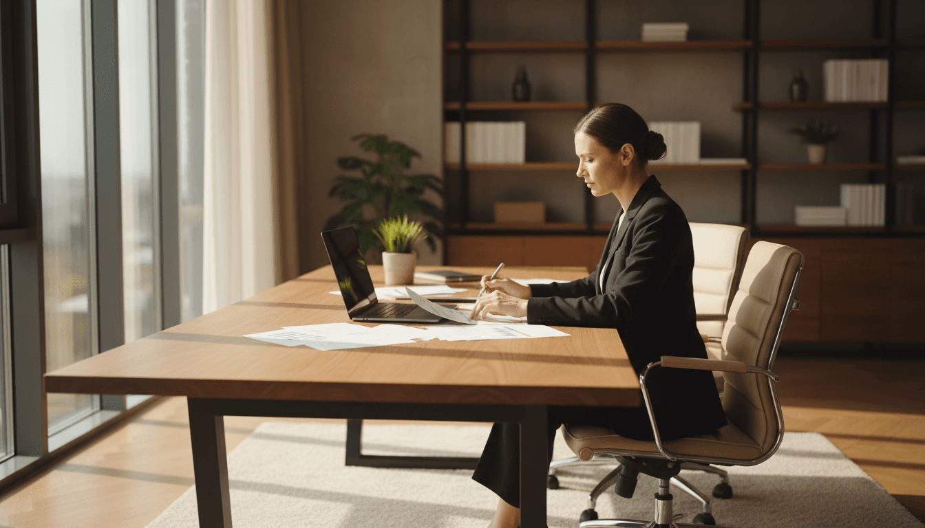 Business owner confidently reviewing financial documents in a sunlit office
