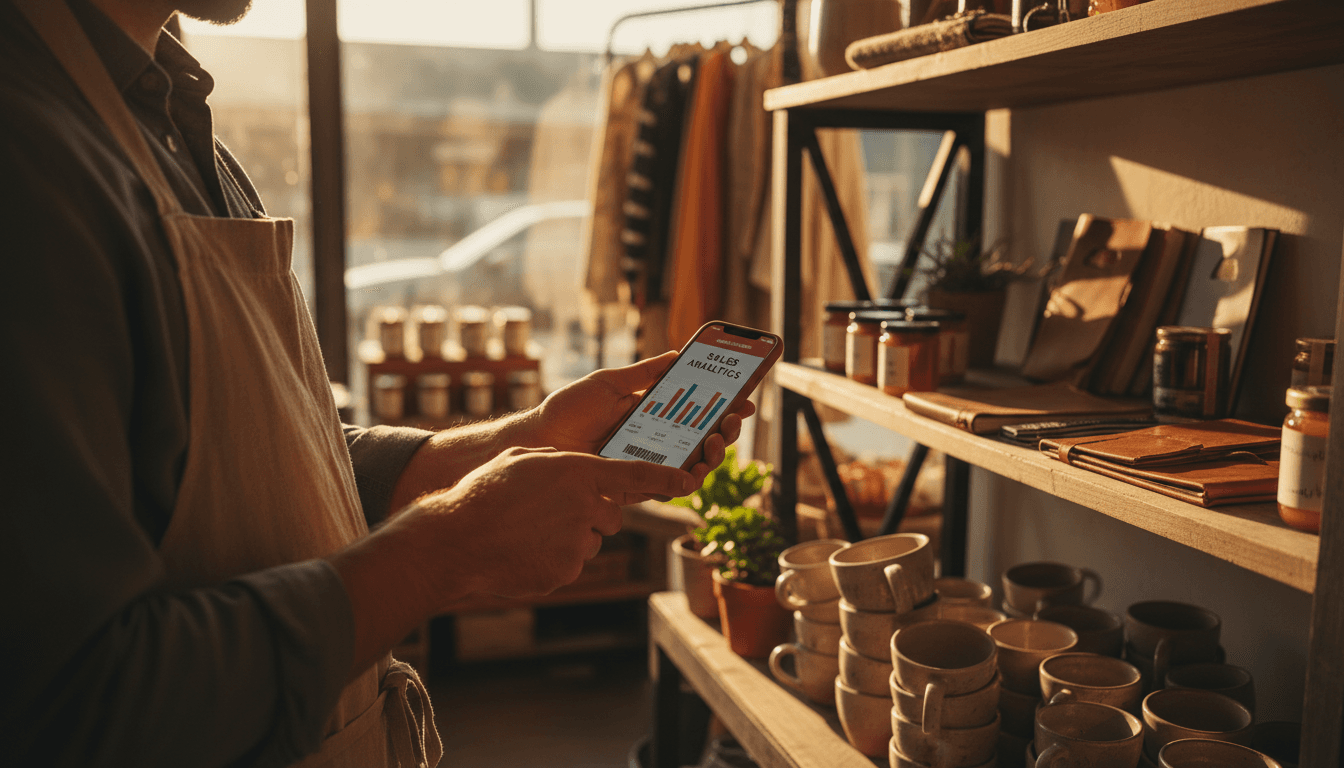 Retail business owner monitoring sales performance on mobile device amid inventory