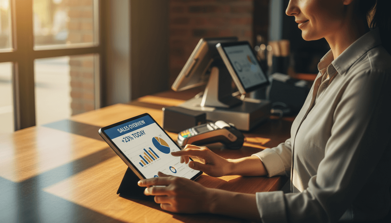 Business owner reviewing daily sales and revenue data on tablet at their counter
